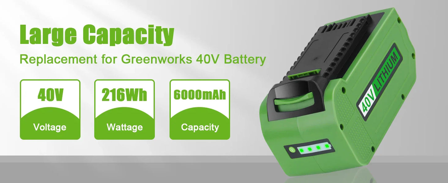 Greenworks 40V 6.0Ah G-MAX Li-Ion Battery – Compatible with 29472, 29462, 29252, 20202, 22262 Cordless Power Tools (Not Gen 1)