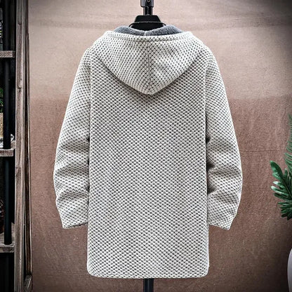 Men's Cashmere Hooded Cardigan Coat – Warm Fleece Long Sweater Jacket for Autumn Winter