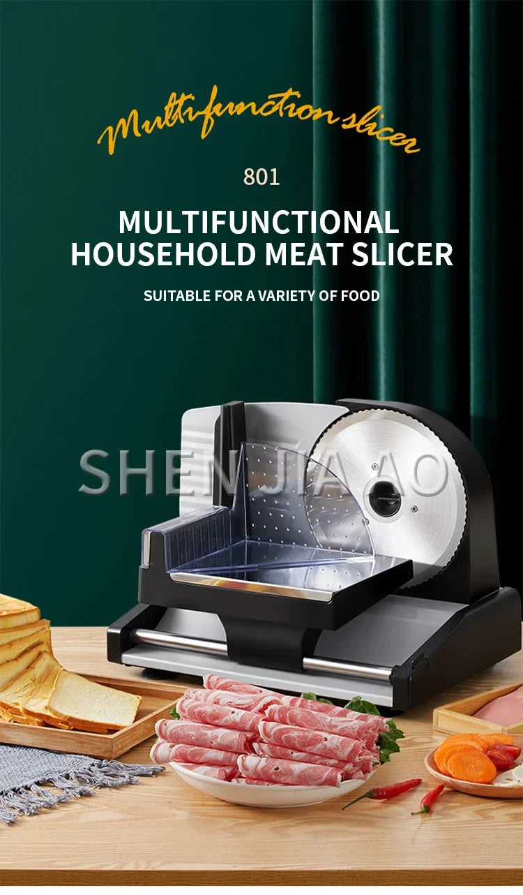 801 Electric Meat Slicer – 200W Household Fruit, Mutton, and Bread Slicing Machine with 1-15mm Adjustable Thickness