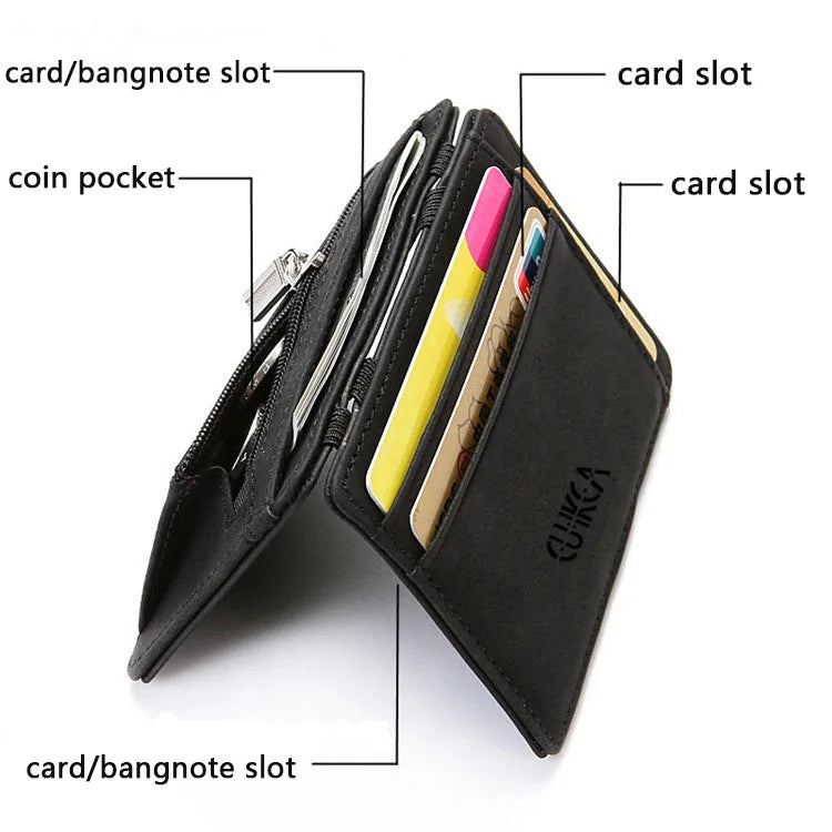 Mini Men’s Card Holder Wallet — Slim PU Leather Wallet with Zipper Coin Pocket, Magic Closure, Credit Card Case, Small Men’s Purse
