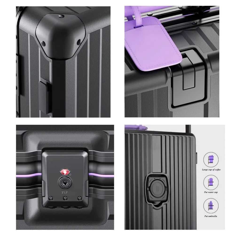 Aluminum Frame Rolling Luggage — Wide Handlebar Trolley Suitcase with Colorful Silent Spinner Wheels, TSA Lock & Large Capacity