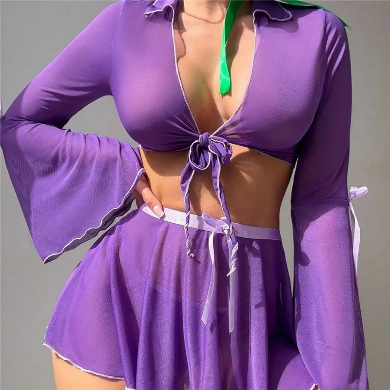 Women's Halloween Daphne 4-Piece Costume Set - Sheer Mesh Tie-Front Crop Top Flare Sleeve Skirt Scarf & Briefs