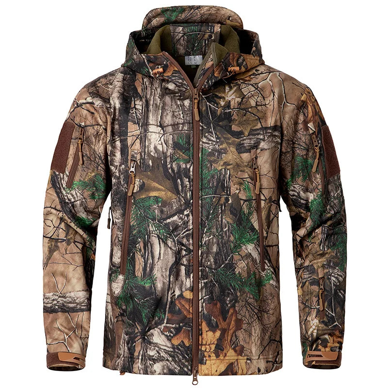 Men’s Camouflage Soft Shell Jacket - Waterproof Warm Fleece Tactical Hunting and Outdoor Hooded Coat