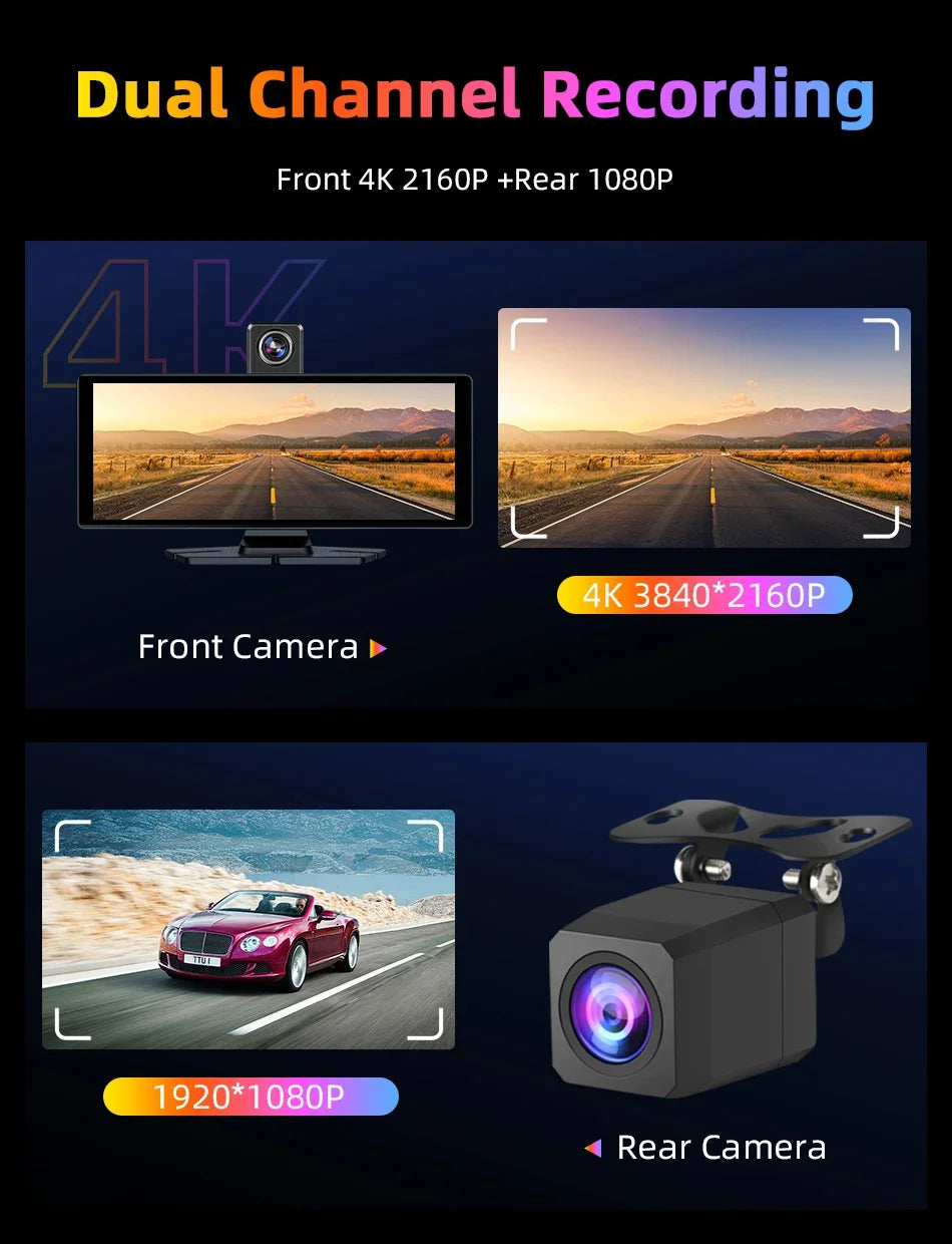 7"/10.26" 4K Dash Cam — Car DVR with Wireless CarPlay, Android Auto, 350° Rotating Lens, GPS & Bluetooth