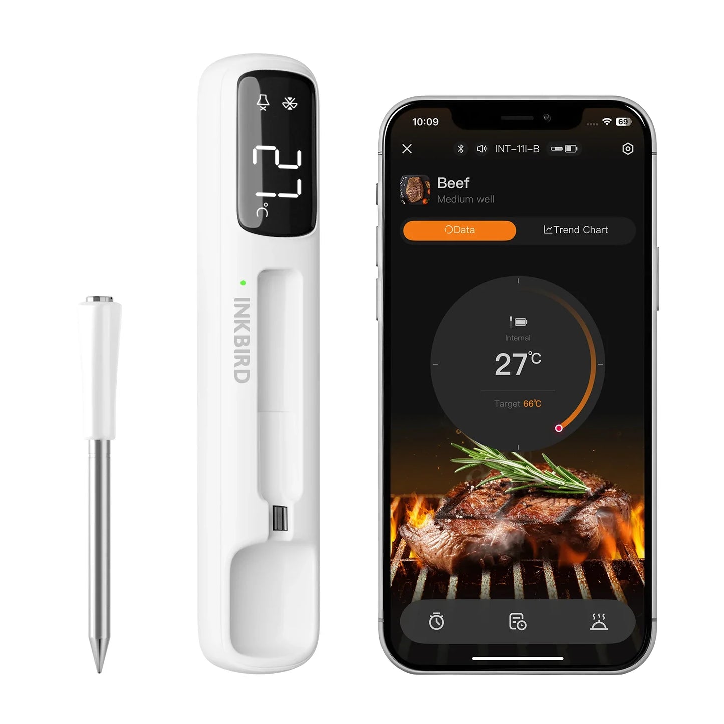 INKBIRD INT-11I-B Mini Wireless Meat Thermometer — Bluetooth 5.4, 1000ft Range, 1s Response, IP67, 26 Presets with LED Display for BBQ & Grill