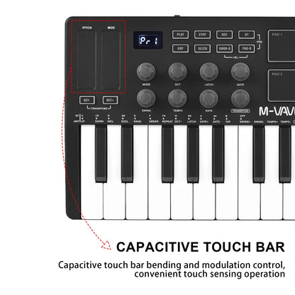 M-VAVE 25 Key MIDI Control Keyboard – Portable USB, Velocity-Sensitive Keys, 8 RGB Pads, 8 Knobs