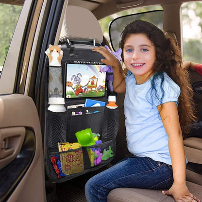 Car Backseat Organizer with Touch Screen Tablet Holder - Auto Storage Pockets & Seat Protectors