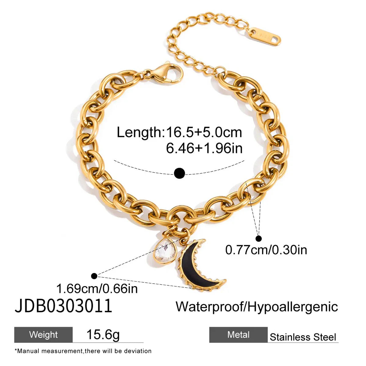 Minimalist 18K Gold Plated Water Drop Pendant Bracelet – Stainless Steel Rhinestone Black Oil Drop Moon Design Jewelry for Women