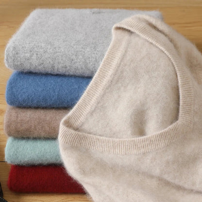 Men’s 100% Pure Mink Cashmere Sweater – V-Neck Knit Pullover, Long Sleeve Winter Jumper, Large Size High-End Top
