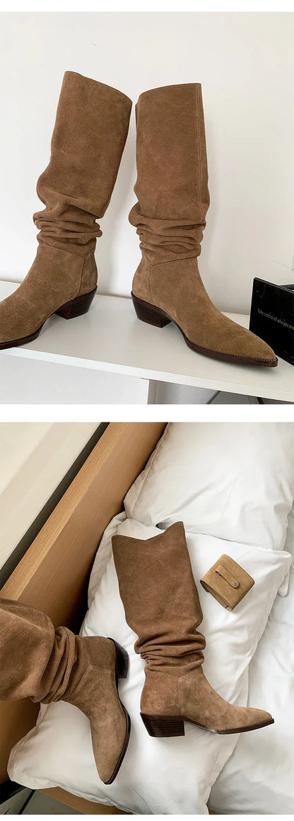 2025 Women's Knee-High Suede Boots – Retro Pointed Toe, Square Heel Slip-On