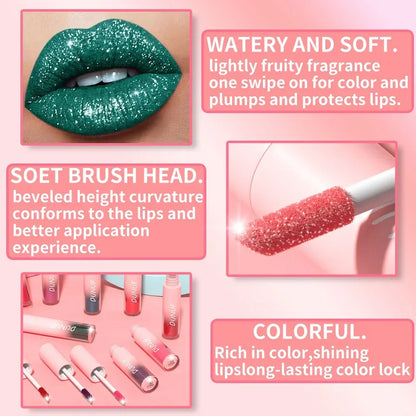 18-Color Sexy Red Diamond Glitter Lip Gloss – Metallic, Waterproof, Long-Lasting Matte Shimmer Liquid Lipstick for Women