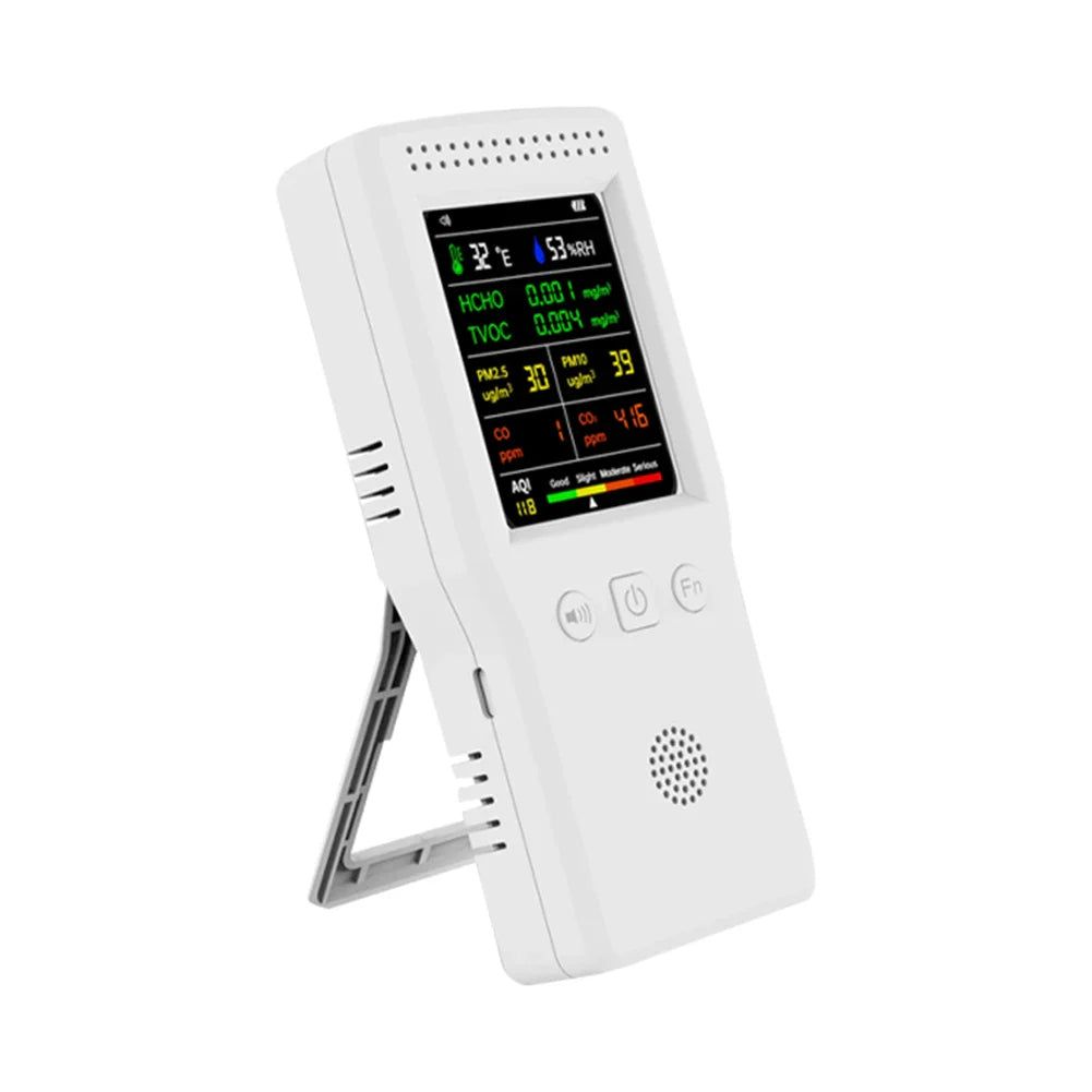 9-in-1 Air Quality Detector – Digital LCD Monitor for PM2.5, PM10, HCHO, TVOC, CO, CO2, AQI, Temperature, and Humidity