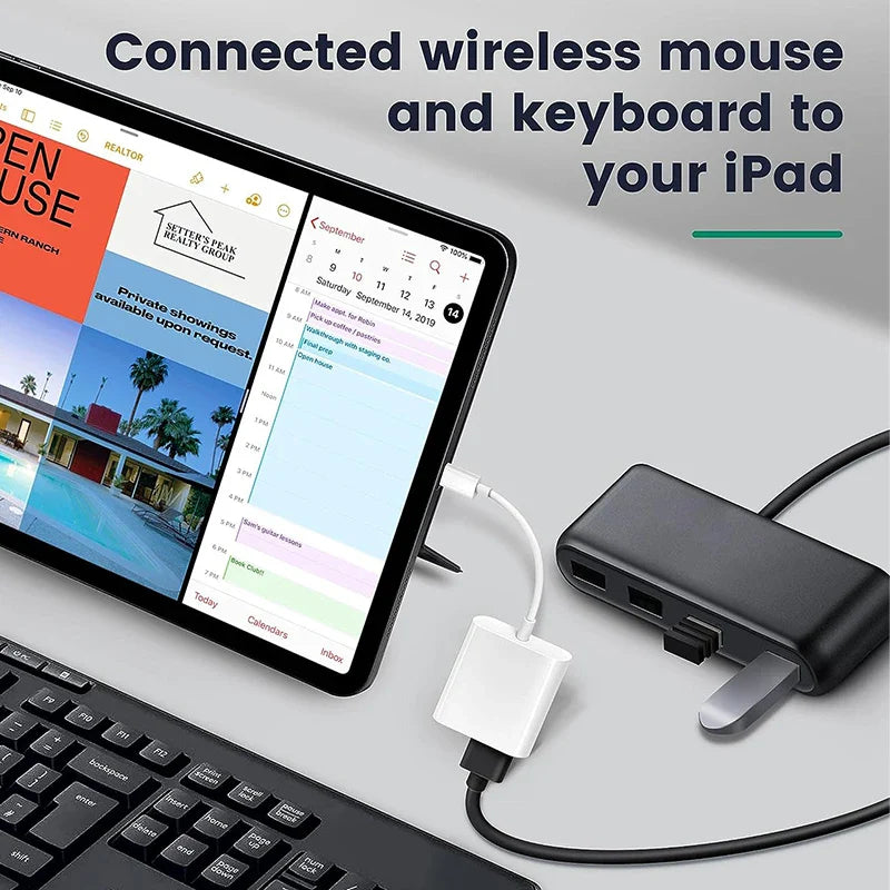 OTG Adapter Lightning to USB 3.0 – Fast Charge & Data Converter Cable for iPhone 14/13/12/11/X/XS/XR/8, USB-C Splitter Compatible