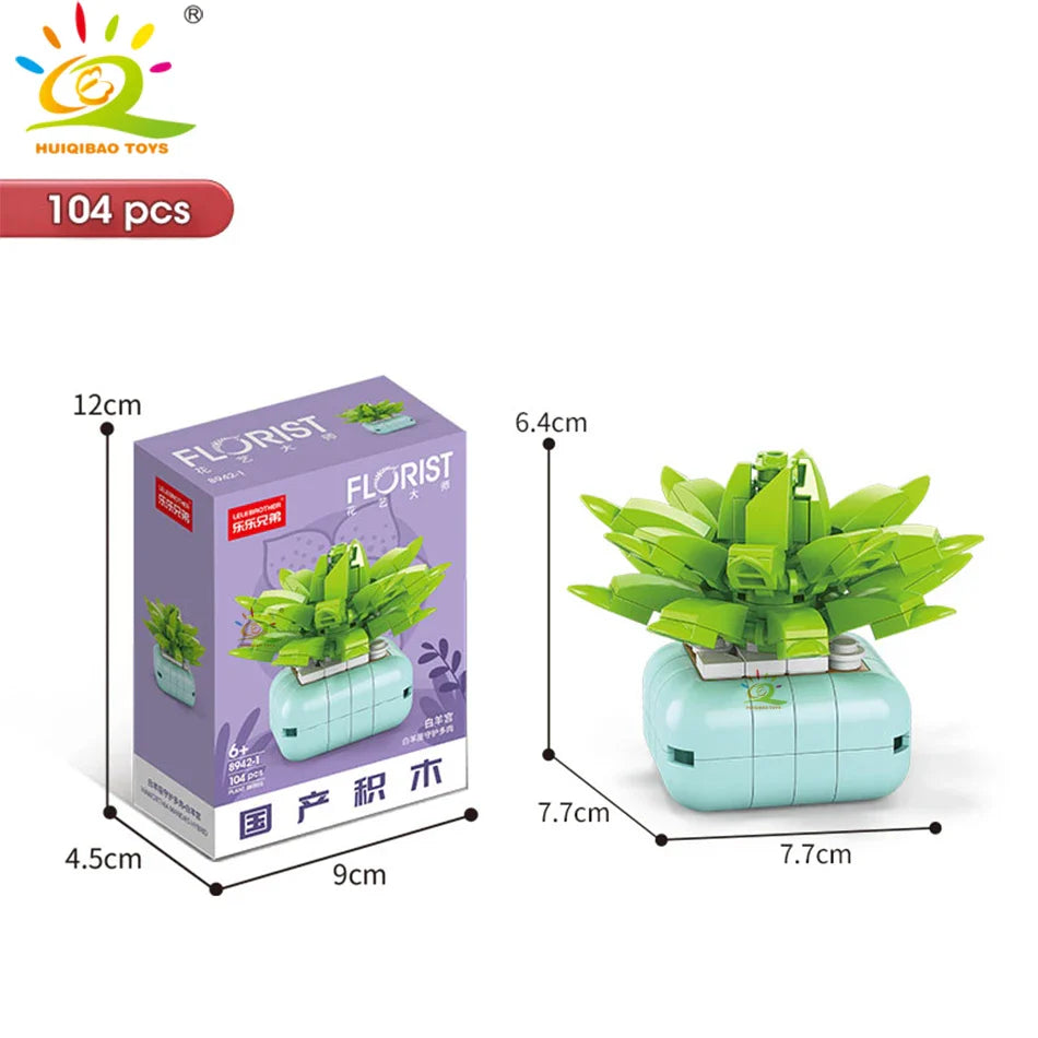 HUIQIBAO MOC Flower & Succulent Potted Building Block Set – DIY Eternal Bouquet, Home Desk Plant Decor, Girls & Kids Toy Gift