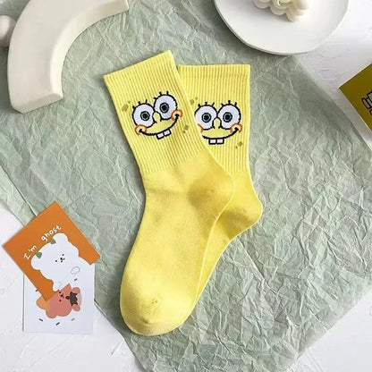 5-Pair SpongeBob Anime Cotton Socks — Breathable Long Tube Mid-Calf Socks for Boys & Girls, Comfortable Student Gift
