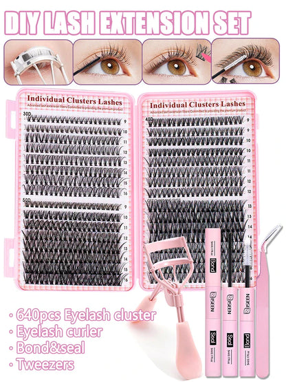 640pcs Individual Lashes DIY Eyelash Extension Kit – False Lashes, Bond & Seal, Tweezer, Eyelash Curler Makeup Tool Set