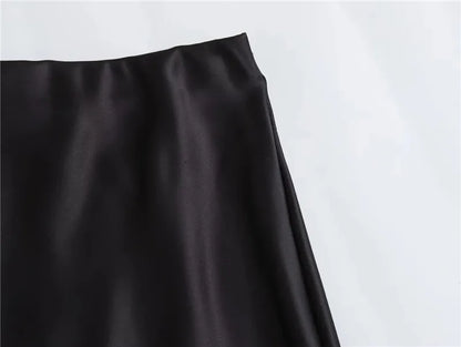 TRAF Women’s 2024 Satin Skirt — High Waist Black Midi Summer Skirt, Elegant Office Long Skirt for Women