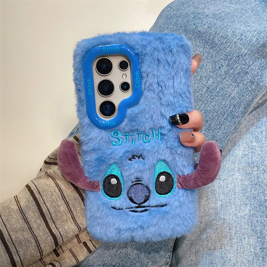 Cute Cartoon Stitch Plush Phone Case with Lens Holder – Shockproof Cover for Samsung Galaxy S23/S24/S25 Plus Ultra A56