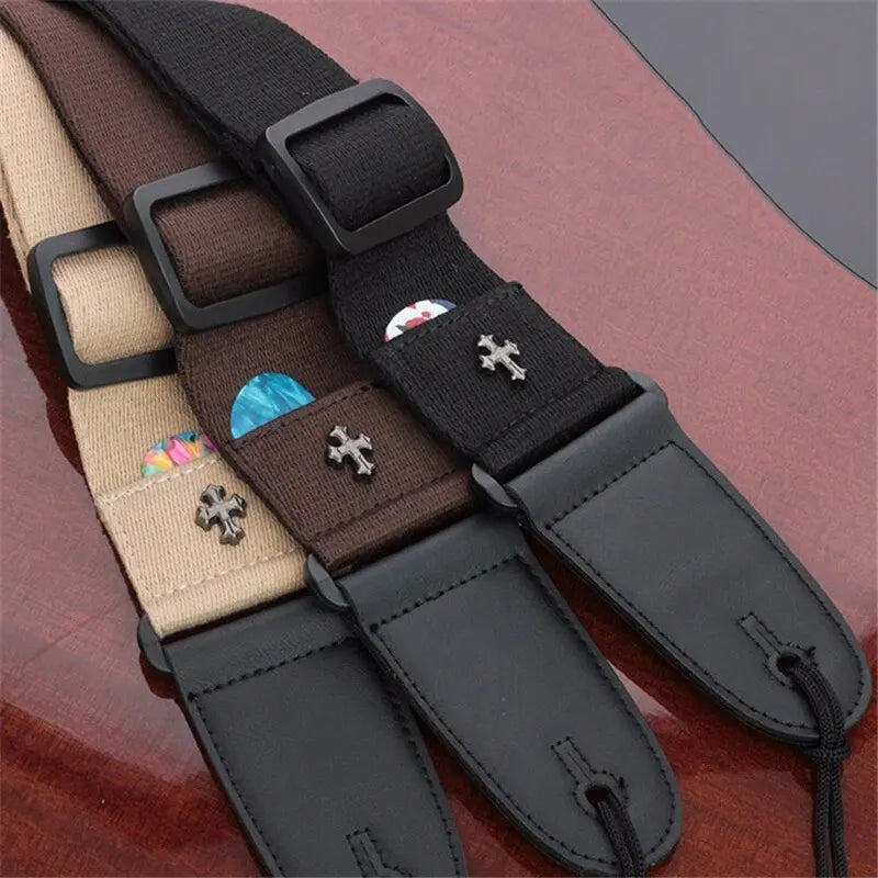Vintage Cross Guitar Strap with Pick Holder Pocket – Adjustable Strap for Electric, Acoustic & Folk Guitars