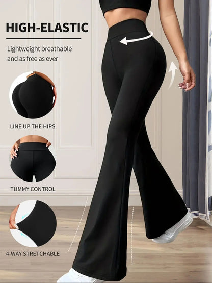 Women's High-Waisted Flared Pants - Slim-Fit Lightweight Wide-Leg Black Trousers