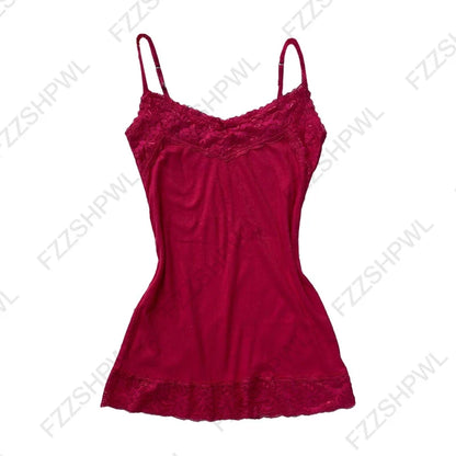 Women’s Grunge Punk Gothic Camisole Top – Y2K V-Neck Bow Lace Slim Fit Crop Cami Streetwear