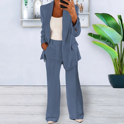 Women's 2 Piece Blazer Pant Set - Casual Single Button Jacket & High Waist Wide Leg Workwear Suit