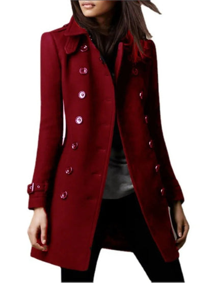 Winter Ladies Woolen Jacket – Double-Breasted Flap Lapel, Slim Fit, Elegant Solid Top Coat, Lined Women’s Outerwear 2024