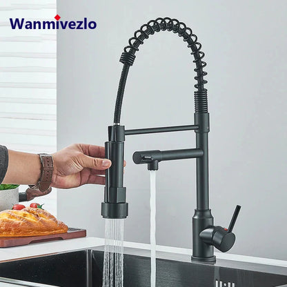 Black Kitchen Sink Faucet - Pull-Down Hot & Cold Water Mixer, 2-Mode Tap with Dual Spout, 360° Rotation, Flexible Deck Mounted