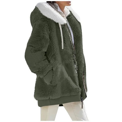 Autumn Winter Women's Hooded Coat – Casual Zipper Cashmere Fleece Jacket Solid Color Ladies Outerwear
