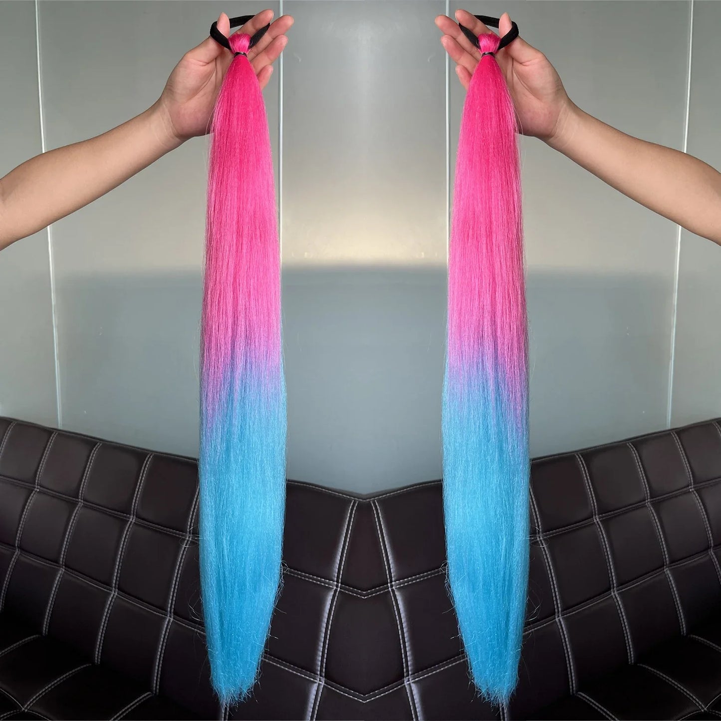 2Pcs Purple Synthetic Ponytail Extensions – Long Straight Hair Accessories with Rubber Bands for Women & Halloween