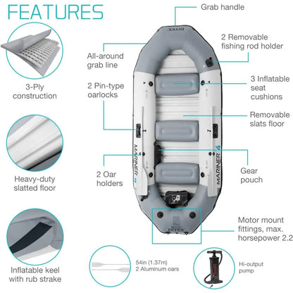 4-Person Inflatable Boat Set – Includes Aluminum Oars & High Output Air Pump for Fishing and Boating in Rivers & Lakes