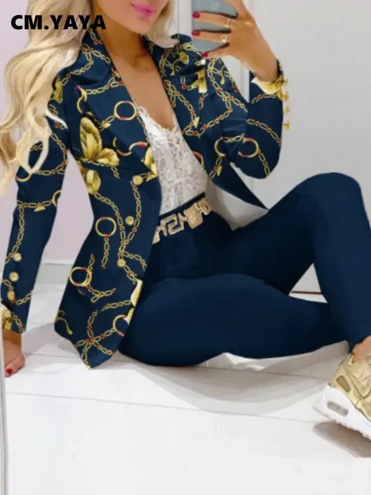 CM.YAYA Women’s Paisley Butterfly Blazer & Pants Set – Elegant 2-Piece Autumn Winter Street Style Outfit