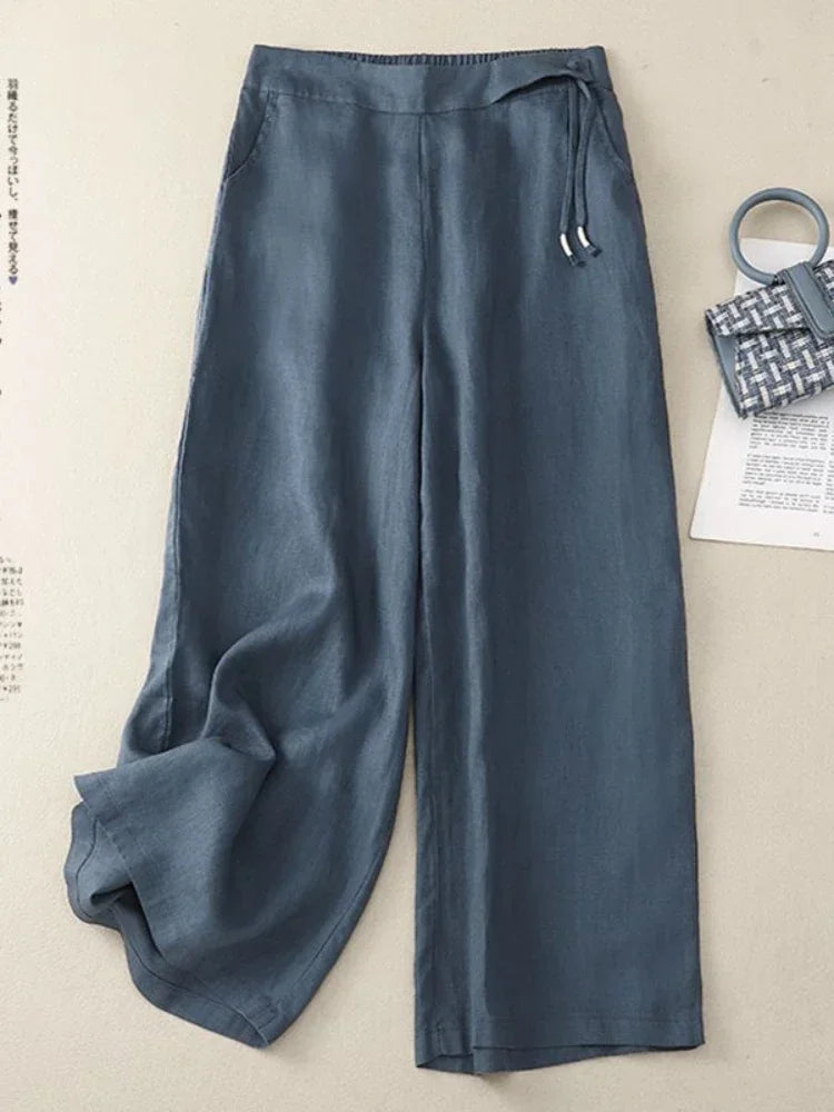 Women’s High Waist Ankle Length Pants – Loose Casual Elegant Yellow Cotton Linen Wide Leg Straight Summer Trousers