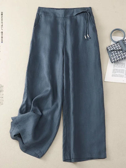 Women’s High Waist Ankle Length Pants – Loose Casual Elegant Yellow Cotton Linen Wide Leg Straight Summer Trousers
