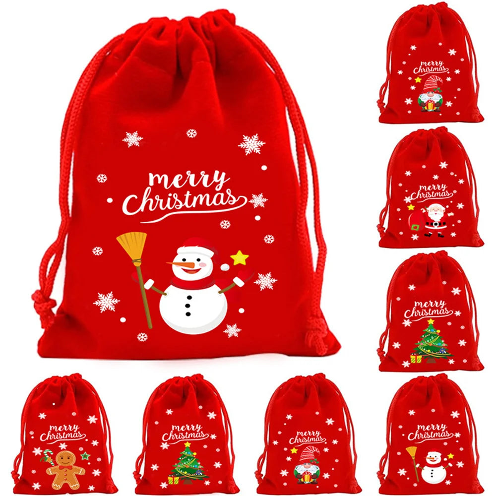 2025 Christmas Velvet Drawstring Bags – Red & Green Candy, Gift, Party, and Biscuit Storage Pouches