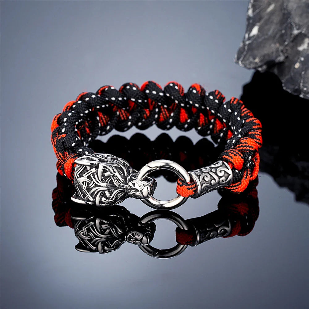 Vintage Norse Runes Celtic Wolf Survival Rope Bracelet - Handmade Stainless Steel Wristband for Men, Vikings Jewelry