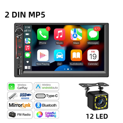 2DIN 7" Car Stereo - Wireless CarPlay & Android Auto Touchscreen MP5 Player with Bluetooth, FM Radio & PD3.0 Fast Charging