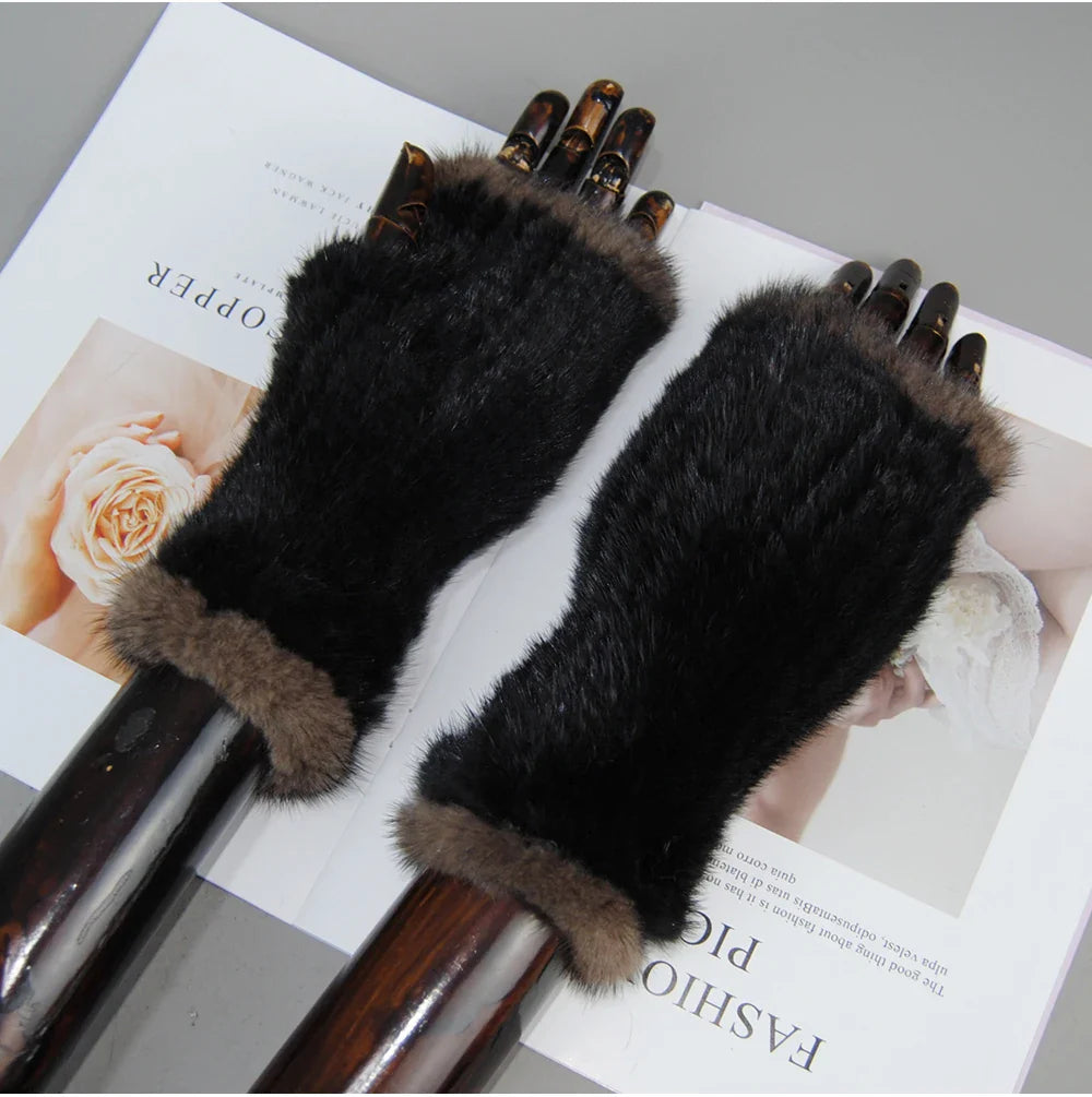 Women’s Winter Mink Fur Gloves – 100% Natural Fingerless Knitted Mittens for Warmth