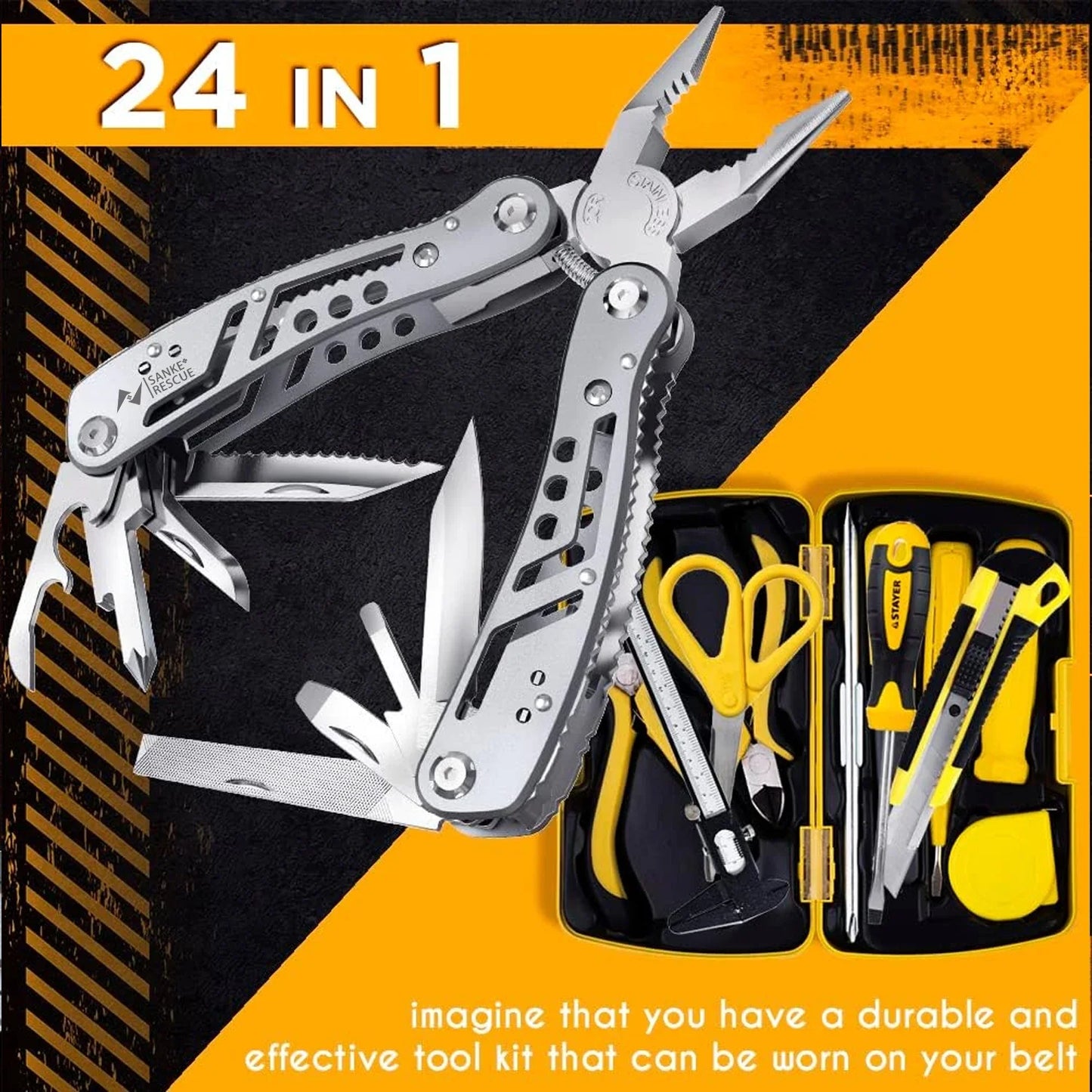 24-in-1 Multitool Pocket Plier - Heavy Duty Stainless Steel Army Knife, Multi-Purpose Outdoor Tool for Camping, Hiking, Hunting