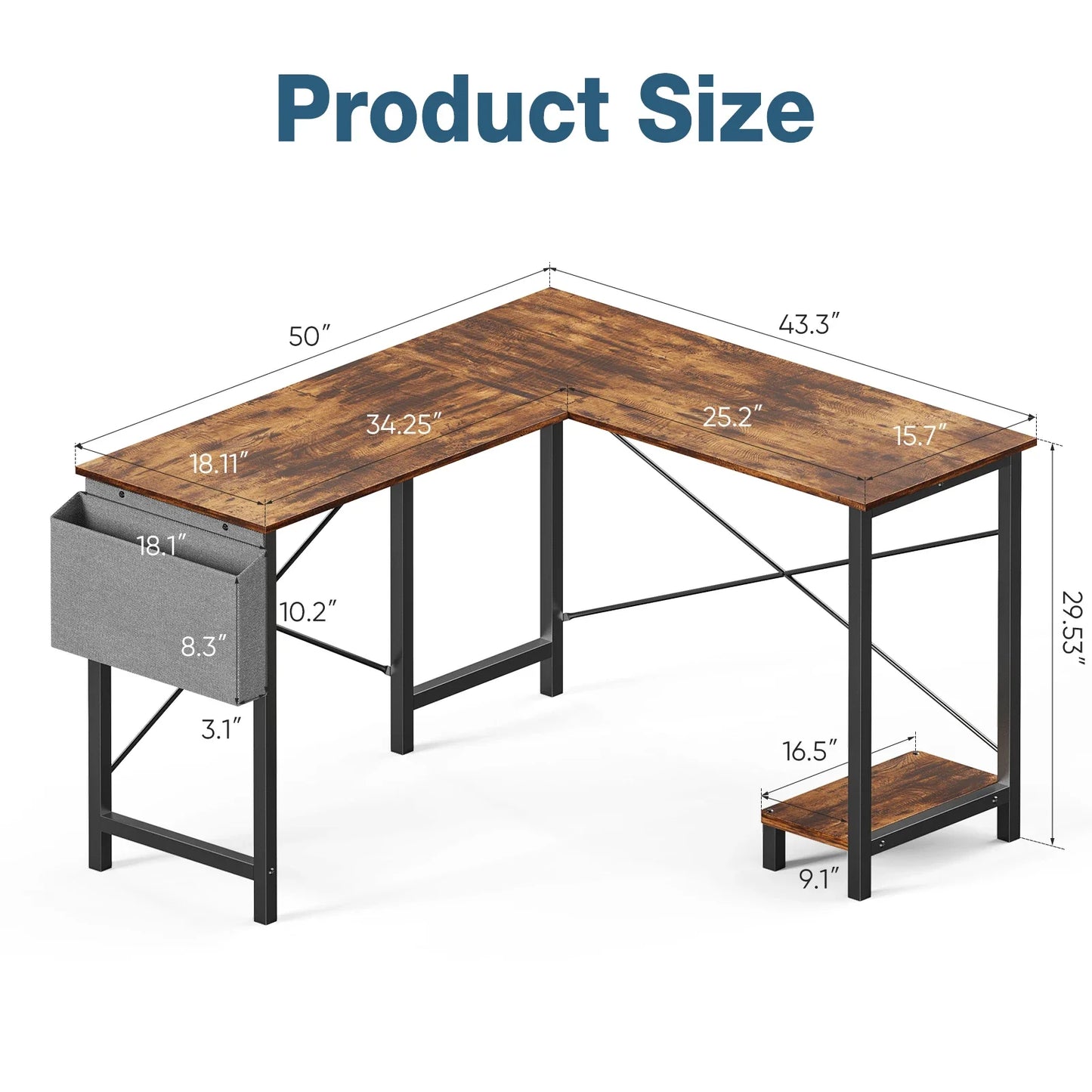 50-Inch Gaming Corner Desk – Wooden Office Writing Table with CPU Storage Shelf & Side Bag for Small Spaces