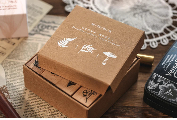 Yoofun 7-Piece Vintage Moon & Plant Wooden Stamps — Rubber Stamps for Scrapbooking, DIY Craft & Stationery