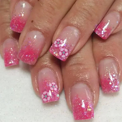 24PCS Short Square Coffin False Nails – French Glitter Acrylic Press-On Nail Tips with Glue, Wearable Fake Nails Set