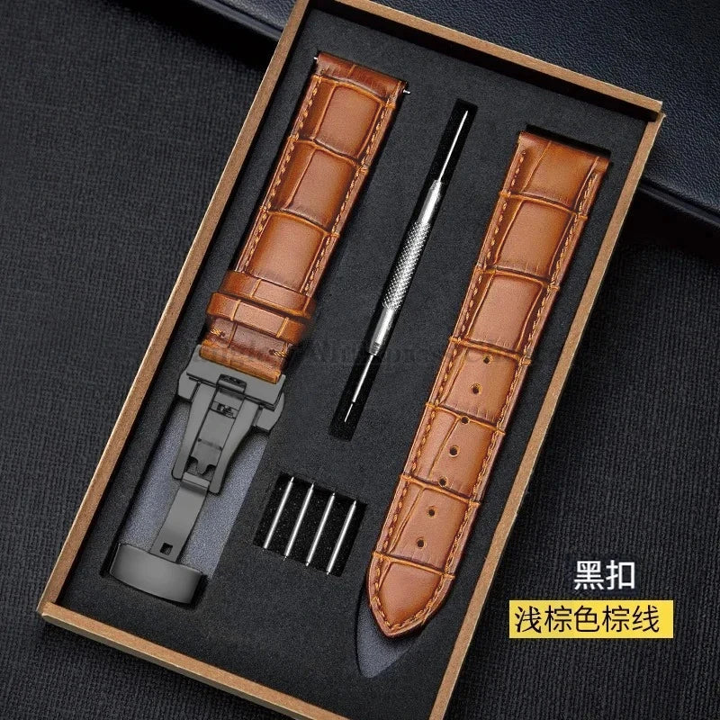 Universal Genuine Leather Watch Band 12–24mm with Butterfly Clasp – Premium Strap for Men & Women (Gift Box Included)