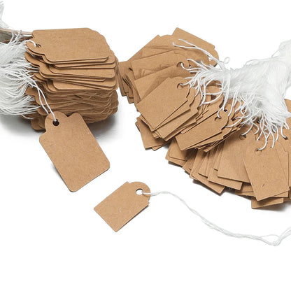 100PCS Price Label Tags — Rectangular Blank Paper Cards with String Tie for Watch & Jewelry Display Merchandise