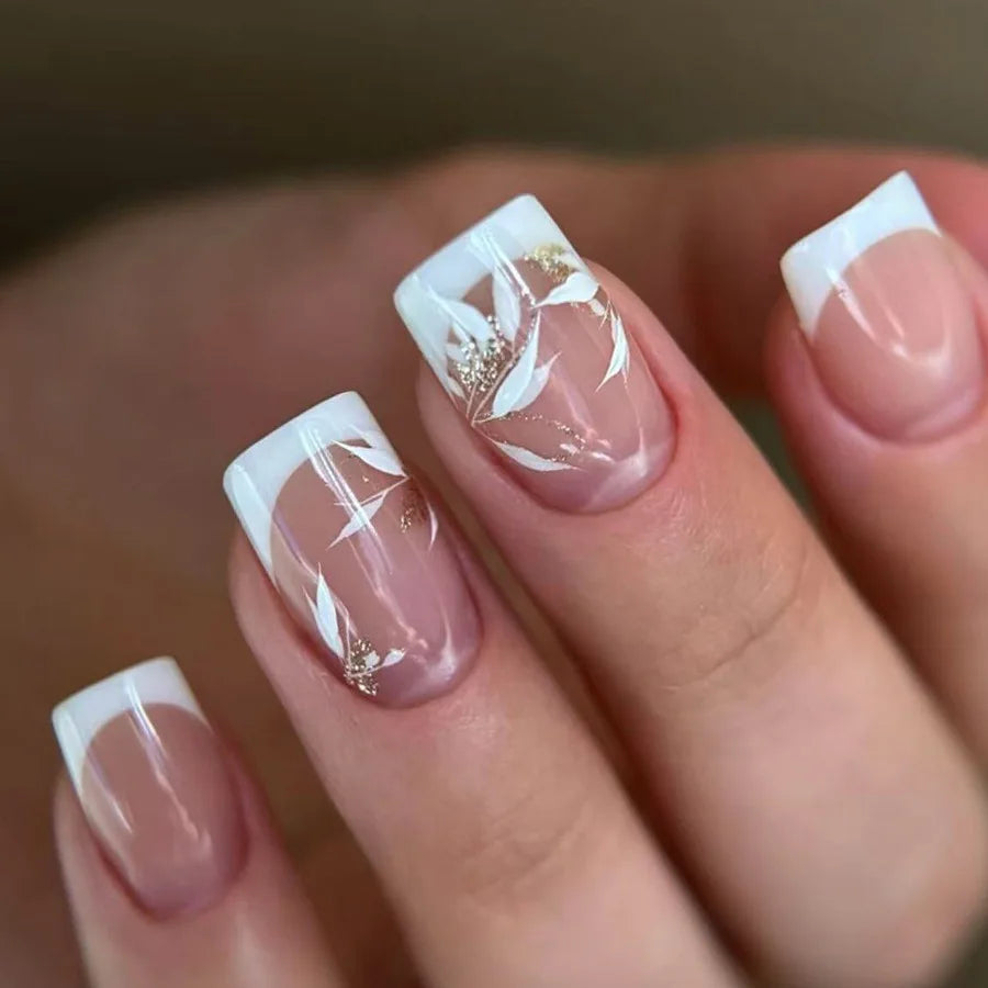 24Pcs Square Press On Nails - Nude White Gradient French False Nail Tips with Full Cover Short Design