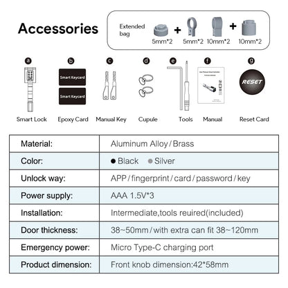 V1 Pro+ Smart Door Lock – TUYA App Adjustable Fingerprint, Password & RFID Cylinder for Home Security