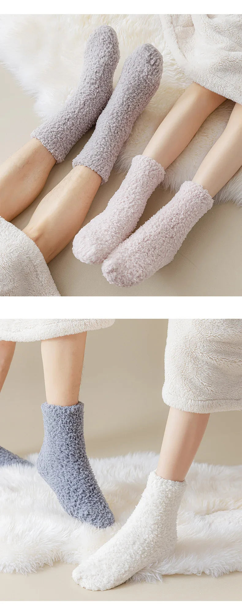 3 Pairs Unisex Plush Slipper Socks — Thick Winter Coral Fleece Cozy Mid-Calf Socks for Couples