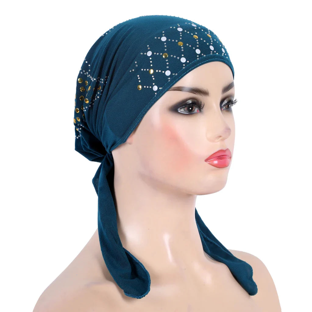 H089 Women’s Turban Hijab – Fashion Gold Sequin Islamic Headscarf, Pull-On Amira Headwrap