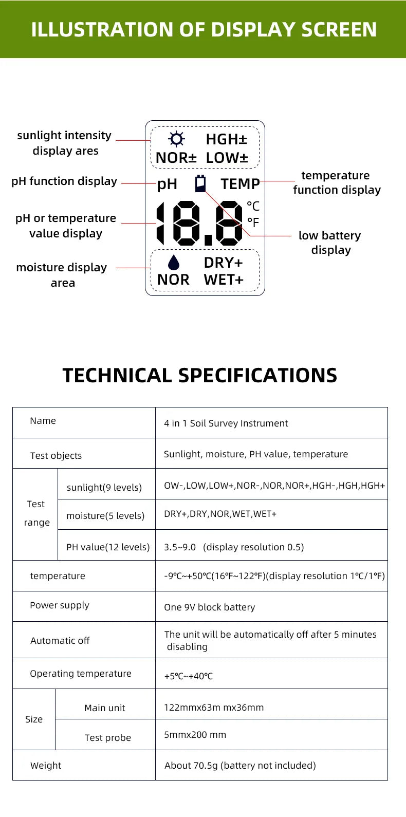 4 in 1 Soil Instrument - Illuminance, pH, Temperature & Humidity Test Detector with Digital Display and Backlight