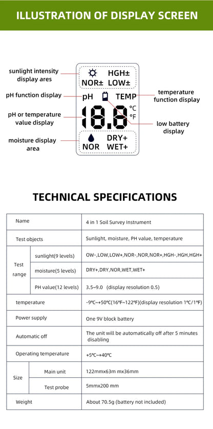 4 in 1 Soil Instrument - Illuminance, pH, Temperature & Humidity Test Detector with Digital Display and Backlight